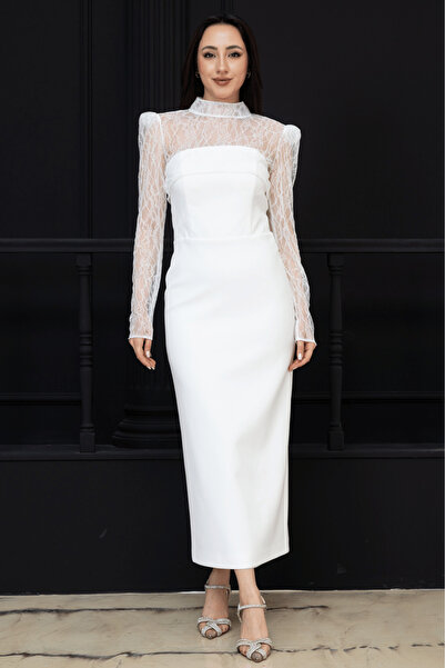 BEYBOS Strapless Dress with Lace Bolero Detail - White