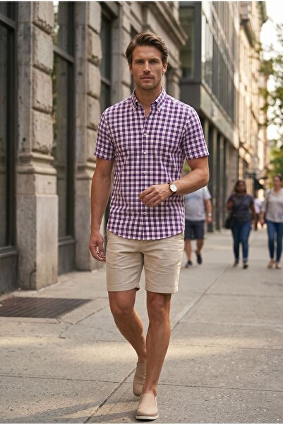 Louis Fabel Colorful Square Patterned Short-Sleeved Men's Shirt on a White Ba...