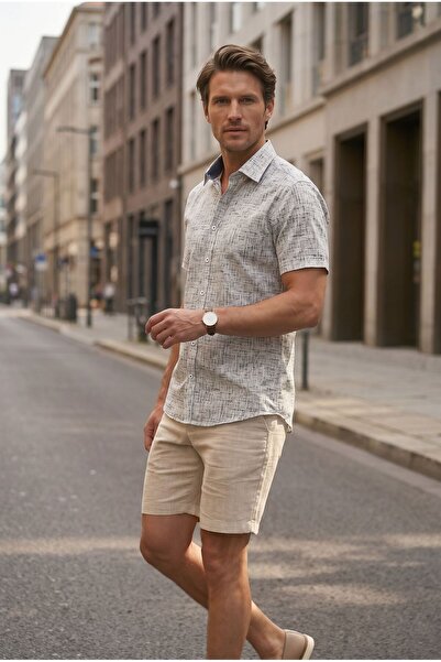 Louis Fabel Gray Modern Line Pattern on White Background Short Sleeve Men's S...