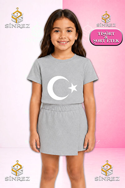 SİNREZ Girl's Set Ay Star White Printed Short Sleeve T-Shirt Shorts Skirt