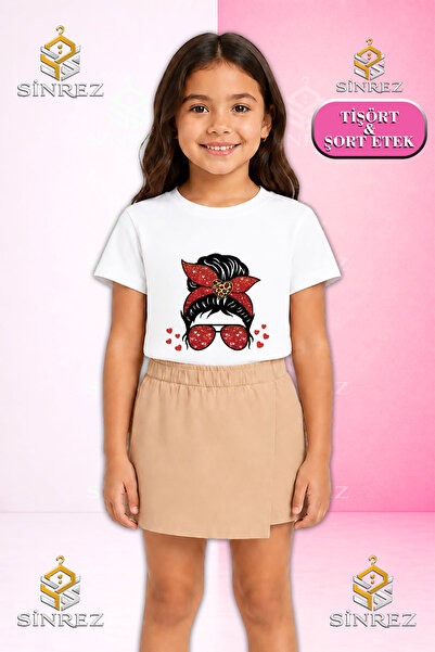 SİNREZ Girl's Set with Glasses, Red Leopard Dsn Printed Short Sleeve T-Shirt,...