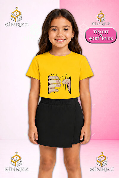 SİNREZ Girl's Set El Siyahtan Cikan Printed Short Sleeve T-Shirt Shorts Skirt