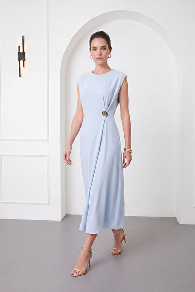 Lafaba Women's Baby Blue Crew Neck Accessory Detailed Midi Event Dress