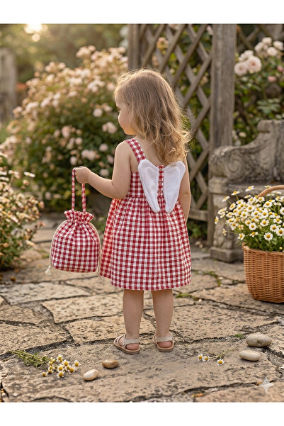 Mini Kids Baby Kız Çocuk Ekose Pötikareli Melek Kanatlı Çantalı Gofre Elbise