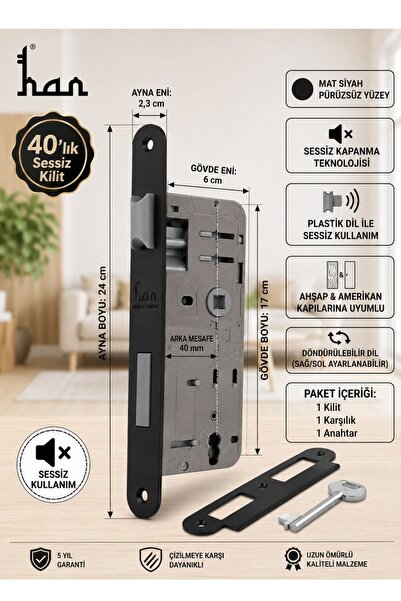 MEGAHOME STORE Han Locks Sessiz Kilit 40 mm Oval Mat Siyah Oda Kapı Kilidi - ...