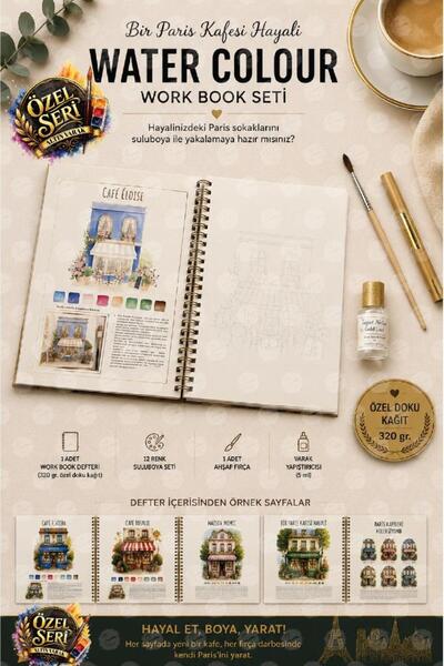 TUĞSET Premium Yönlendirmeli Sulu Boya Hobi Seti Watercolor Workbook Defter Bir Paris Kafesi Hayali(tutkal,