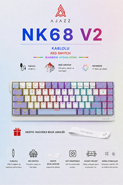 Ajazz NK68V2 Hot Swap Kablolu Mekanik Oyun Klavyesi- Red Switch-Bilek Askılı