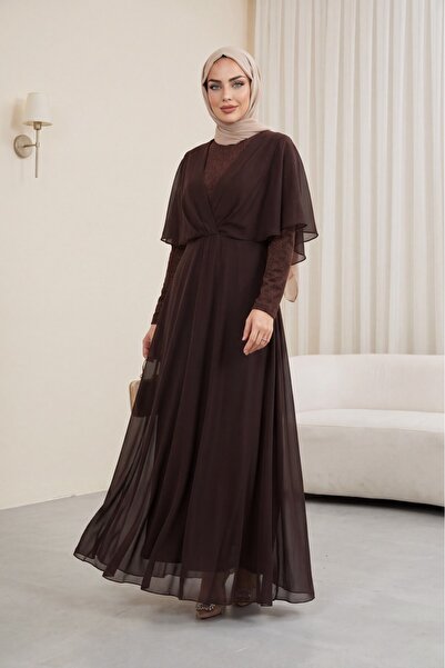 Modamorfo Silvery Chiffon Long Evening Dress -Dark Brown