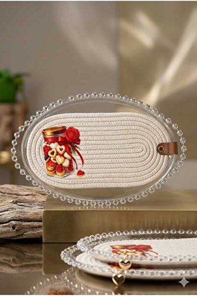 Betülce Acrylic Beaded Oval Tray and Cotton Rope Supla Double Presentation Set