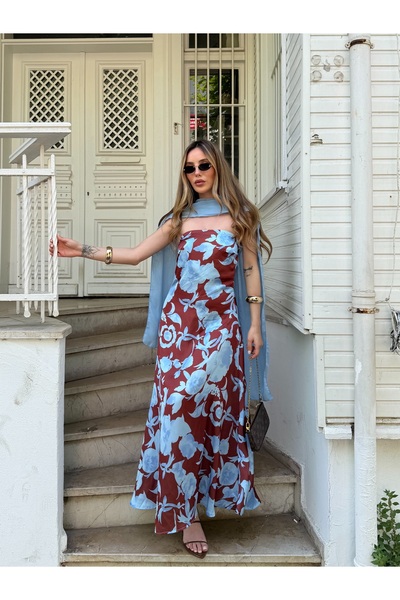 Laluvia Blue Floral Patterned Strapless Dress with Scarf - 3423