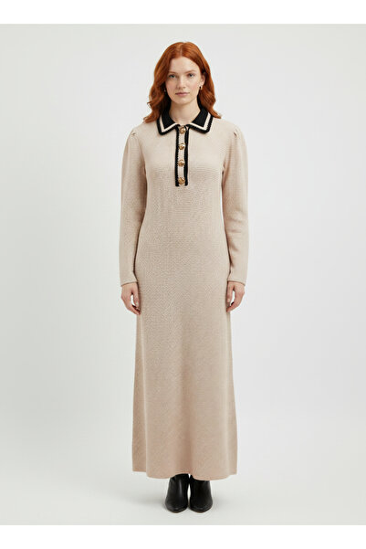 Neden Tekstil Women's Knitwear Long Sleeve Maxi Dress with Black Collar