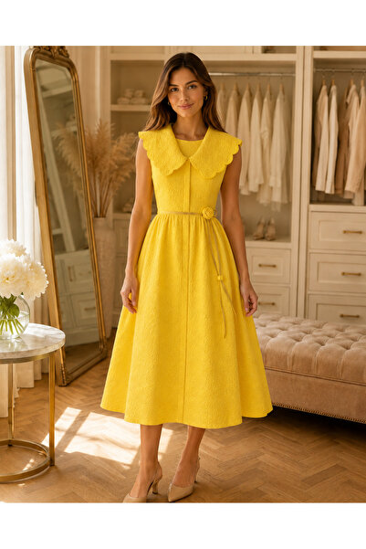 Shamouk Yellow Textured Midi Dress Scallop Collar Belted A Line