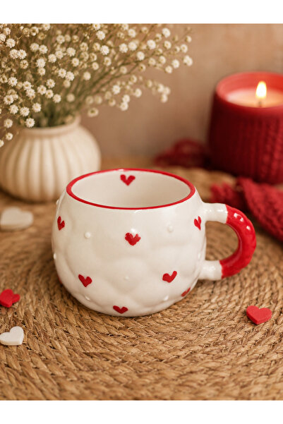 Kotium Ceramics Special Embossed Fully Handmade Ceramic Mug with Red Dot Hear...