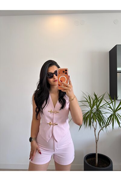ROSYPOSY Kadın Pembe Pamuklu Yelek Şort Takım