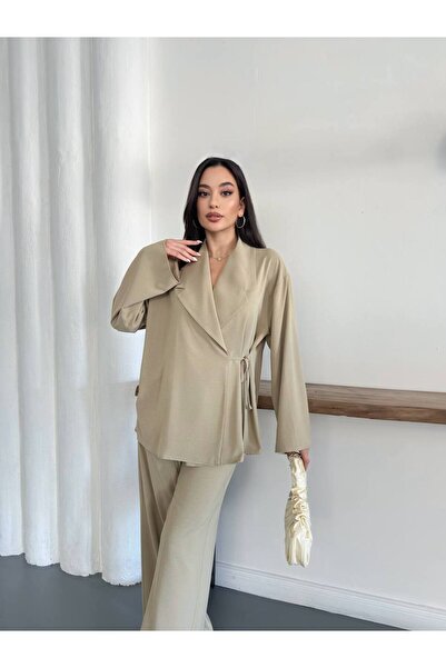 Kruvaze Bağlamalı Kimono Ceket & Geniş Paça Pantolon Takım