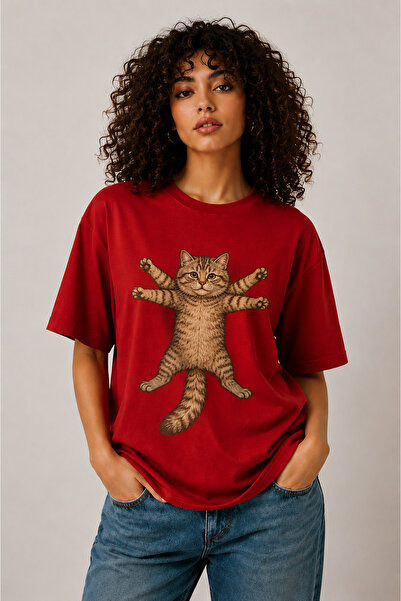 ENB1R MODA Retro Style Cat Printed Casual Oversize T-Shirt