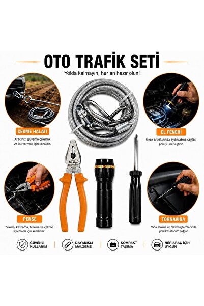 Eltos Oto Trafik Seti Çelik Çekme Halatı El Feneri Pense Tornavida Acil Yol Y...