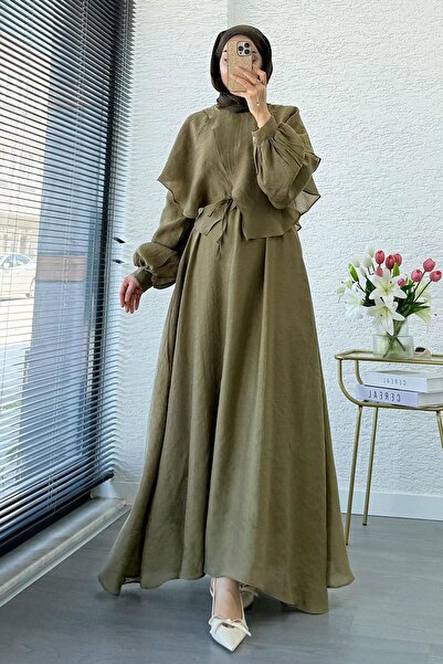 MELEK ARAZ Premium Cape Detail Elina Voile Dress – Khaki