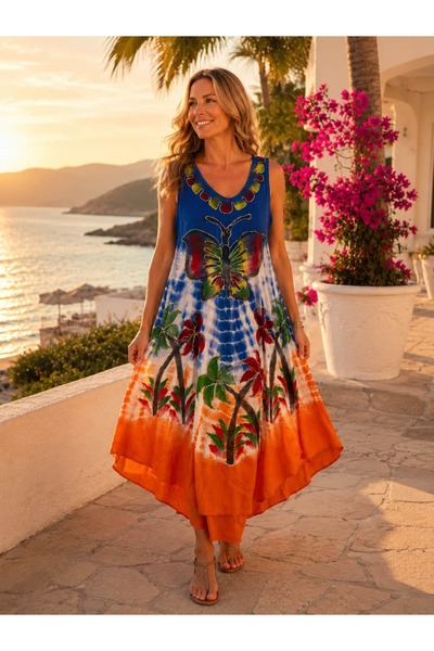 Punta Otantik Msr7343 Imported Butterfly Floral Strapped Indian Dress Blue