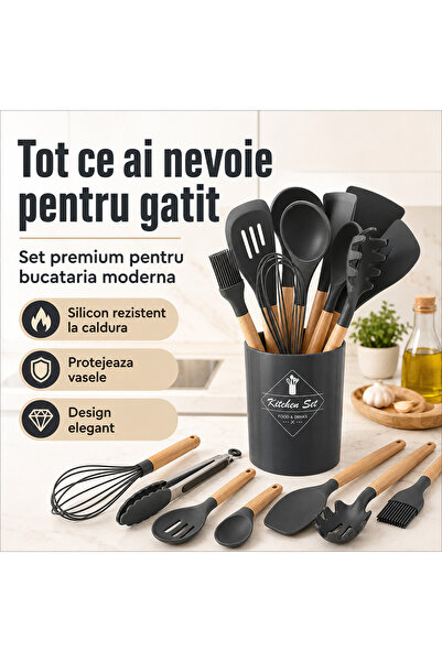 iTin Black Heat-Resistant Silicone Kitchen Utensil Set, 12 Pieces, Wooden Handle