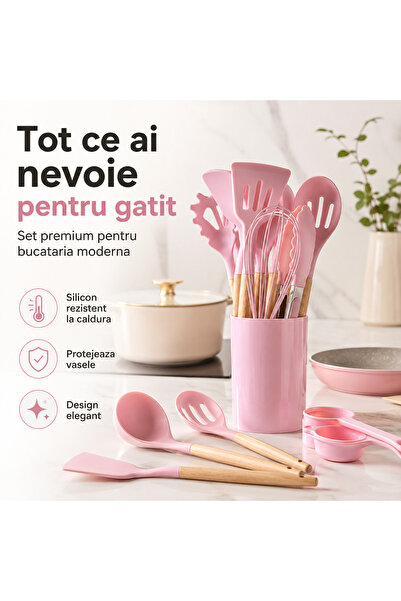 iTin Set Ustensile Bucatarie din Silicon termorezistent Roz, 12 Piese, Maner ...