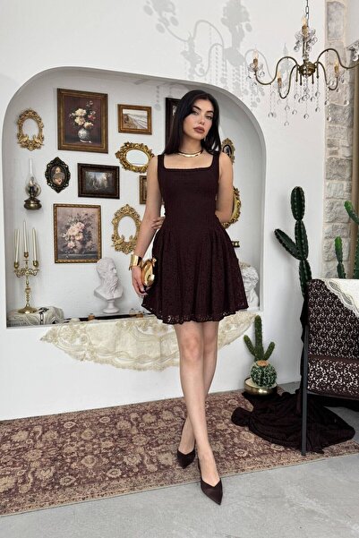 Caddebostan Moda Square Neck Ruched Flared Mini Dress Stylish Event and Party...