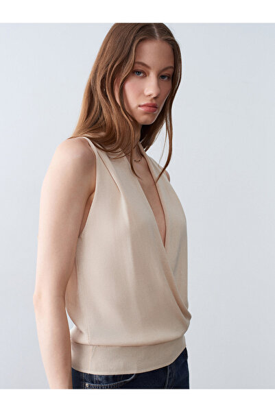 Dilvin 10873 Lyocell Blended Double-Breasted Blouse-Stone