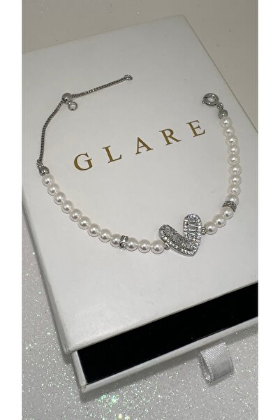 GLARE JEWELRY CO سوار من الفولاذ المقاوم للصدأ مرصع باللؤلؤ على شكل قلب 15+3 سم