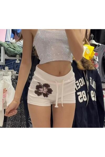 İsra Ayyıldız Moonstar Collection Beyaz Siyah Hibiskus Çiçeği İpli Y2K Mini Şort