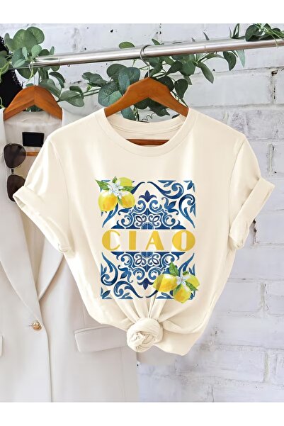 AEMİ Tricou unisex Ciao Lemon cu imprimeu, supradimensionat, cu gât rotund