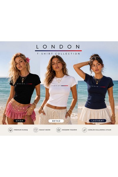 Tiny and Co Crew Neck Printed 3-Pack White/Black/Navy Blue Women's Slim Fit Lycra Basic Crop Cotton Combed Cotton T-Shirt