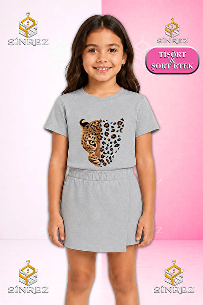 SİNREZ Set pentru fete LEOPARD HEAD LARGE Tricou cu mânecă scurtă imprimat Fu...