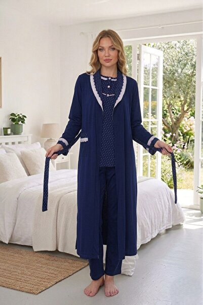 Lohussa New Season Women's Navy Blue Shawl Collar Patterned Buttoned Cotton L...