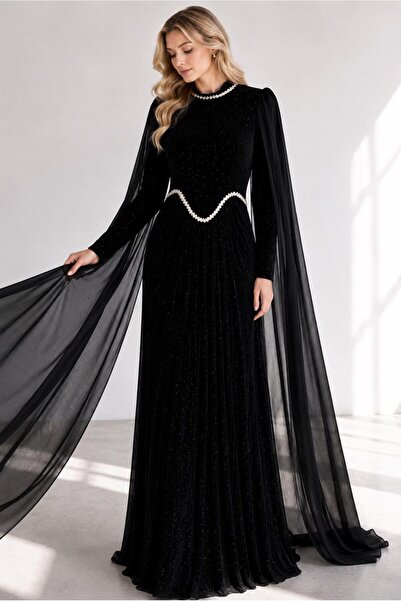 TRENDTESETTÜR KADIN SİYAH ŞİFON PELERİNLİ ABİYE ELBİSE T 5684