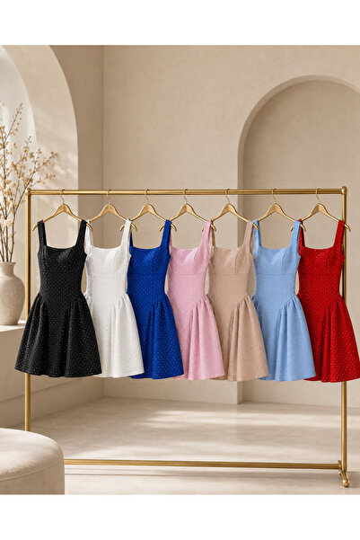 OEM Elegant short dress with rhinestones, square neckline and pleated skirt