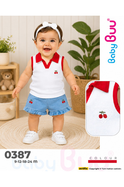 Baby Buu تي شيرت بحمالات سميكة - طقم شورت مكون من قطعتين بتفاصيل الكرز 186