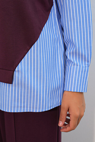 buğrahayalin Women's Round Neck Striped Burgundy Two-Piece Set
