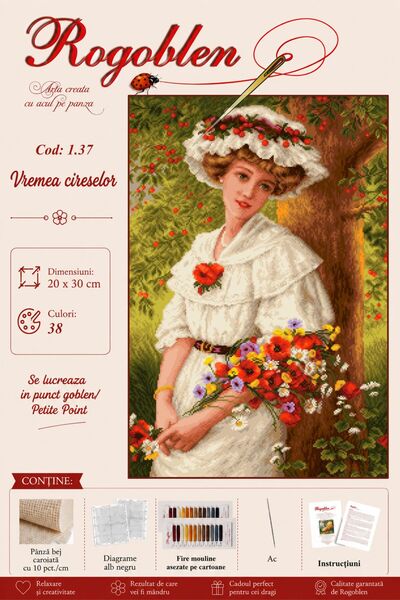 Rogoblen Kit de cusut Vremea cireselor - set goblen cu pânză, diagrame alb-ne...