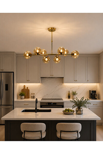 Led YENİ MODEL 100 CM 8 Lİ AVİZE BAL CAMLI SIRALI LÜX GOLD RENK İTHAL KASA