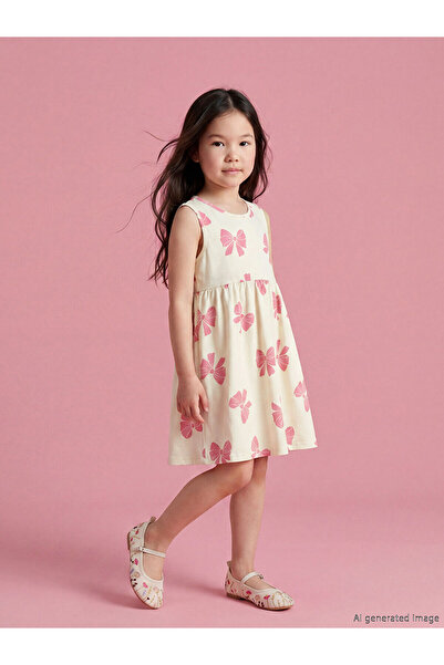 LC Waikiki Nevavm Oval Collar Bowknot Printed Girl's Dress