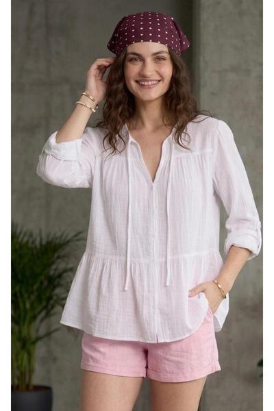 Butik Una Fiaba, Beyaz Oversize Kolu Lastikli Müslin Kadın Gömlek