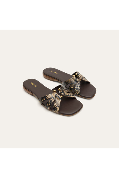 Mudo Women's Brown Patterned Buckle Leather Slippers