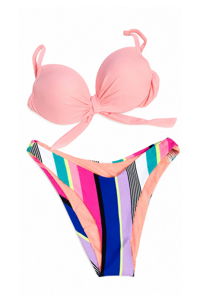 Nobrand Costum de baie damă 2 piese Push-Up Roz Coral cu slip multicolor trop...
