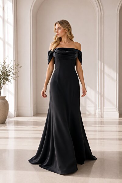 Rain and River Madonna Collar Satin Look Evening Dress
