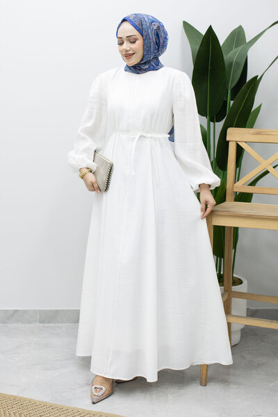 Tesettür Dünyası Lina Dress with Stitching and Lace Detail Tsd260223 White