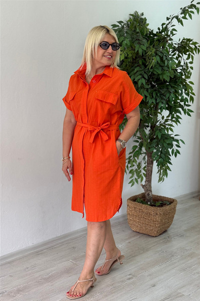 By Esra Celkan Orange Belt Detail Short Shirt Dress
