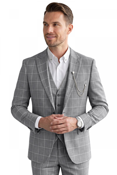 DeepSEA Costum gri slim fit pentru bărbați, 3 piese – Costum cu vestă, model ...