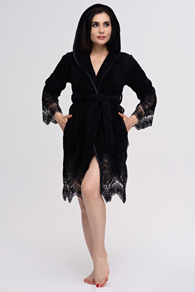 Nuşa Luxury Hooded Bamboo Cotton Lace Women's Bathrobe Soft Textured Stylish