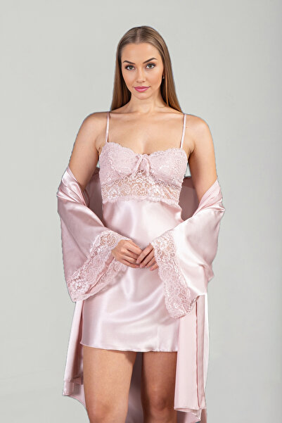 Lunoche Nightwear Saten Güpür Kadın Lüks Dantel Detaylı Çeyizlik Gecelik Saba...