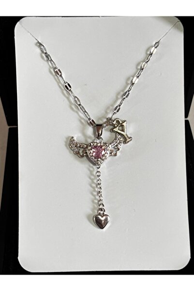 bijoux uniques çelik pembe kalpli melek kanadı harfli kolye